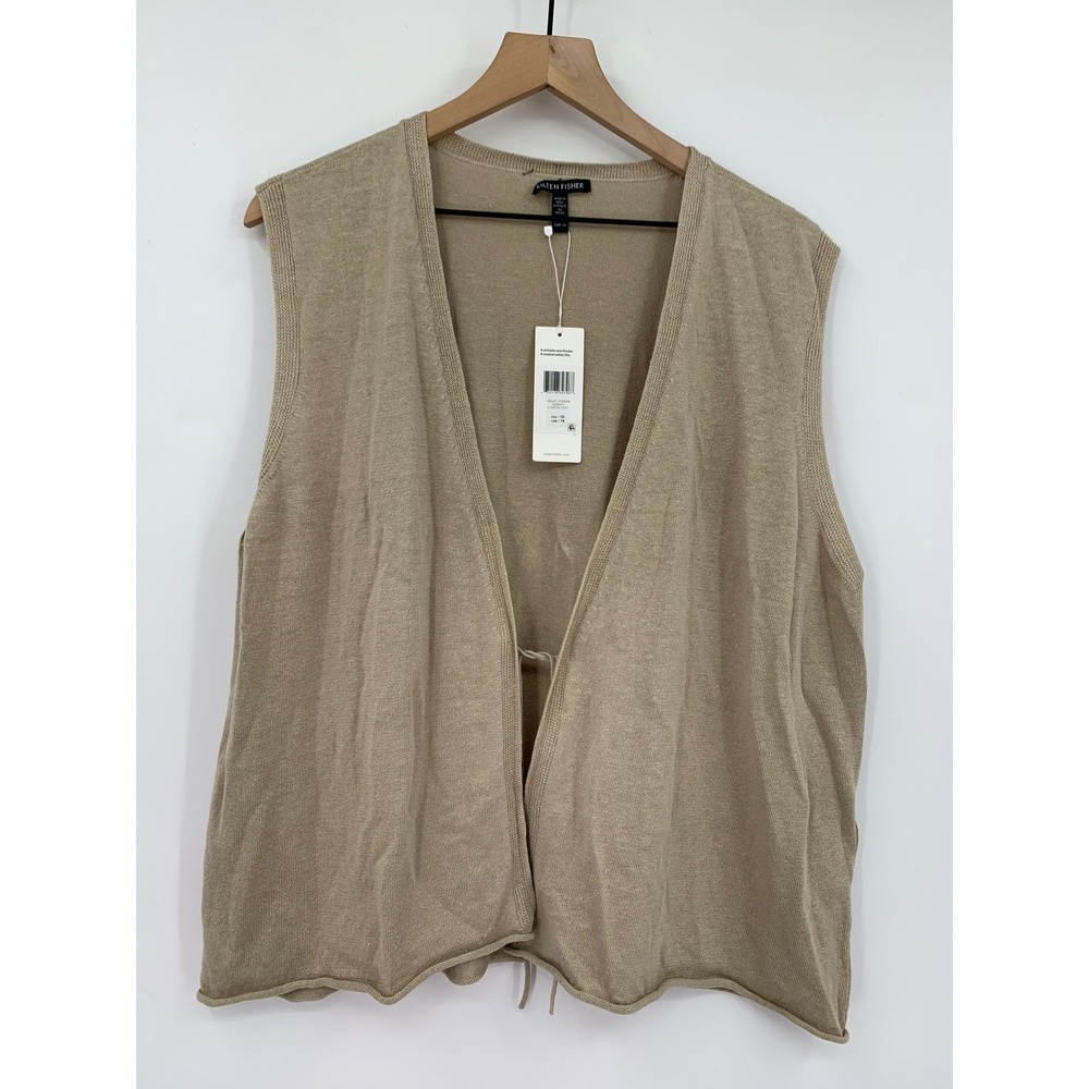 Eileen Fisher Vest Womens 1X Beige Organic Linen Cotton Knit Tie Lightweight NEW